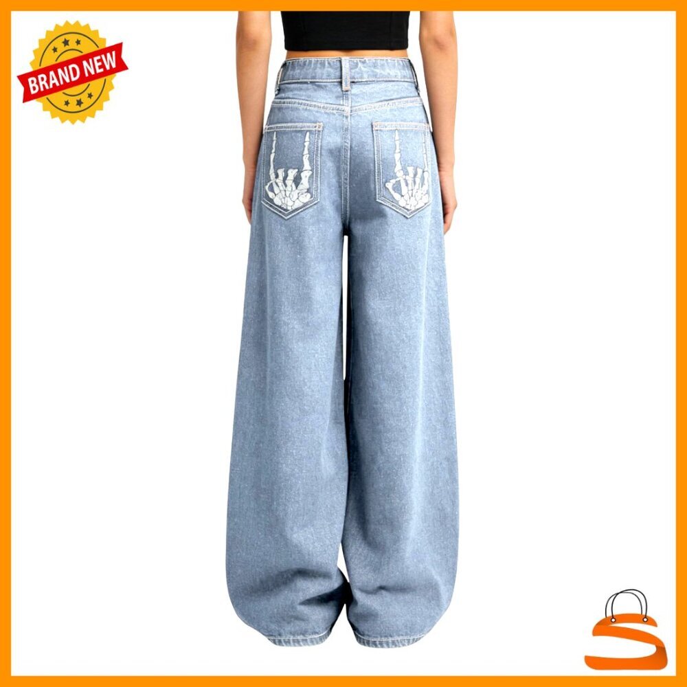 Girls Wide Leg Baggy Jeans Goth Streetwear Loose Denim Pants with Pockets